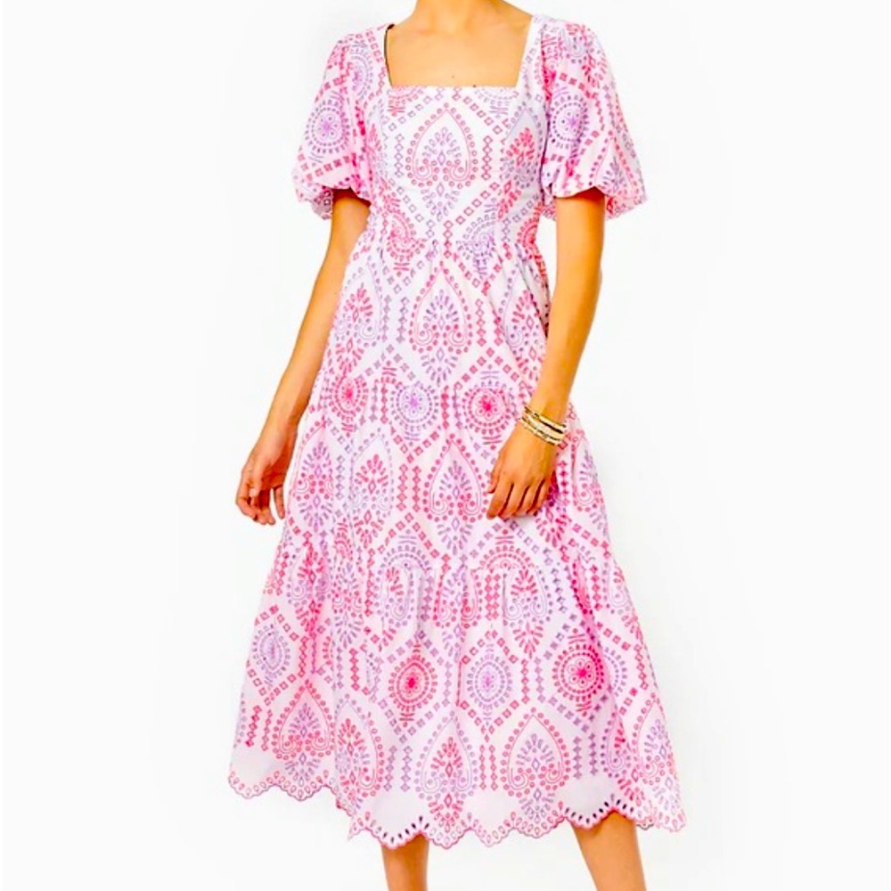 NWT Lilly Pulitzer Sz 14 Katalina Midi Eyelet Dress in Multi Sunset Dreamer